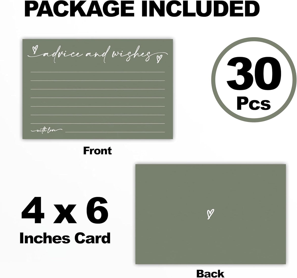 30 Advice & Wishes Cards - Olive Green - Double Sided Fill-In Advice Cards For Bridal, Wedding