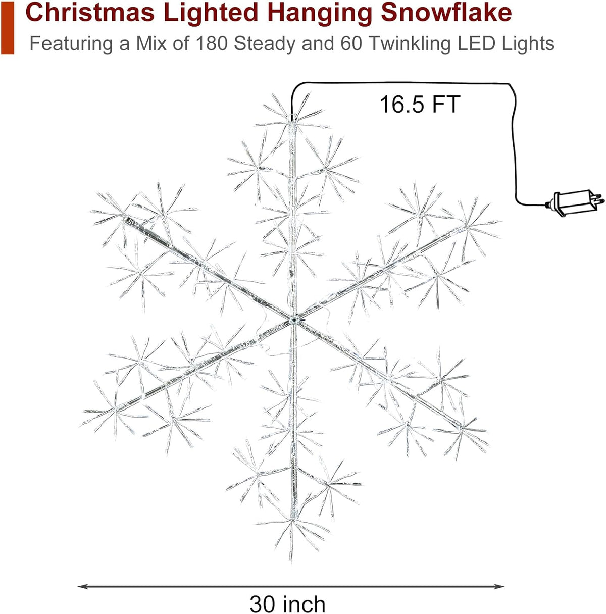 30’’ Christmas Snowflake Lights Outdoor, Pre-lit 240Pcs Cool White LEDs Hanging Silver Snowflake