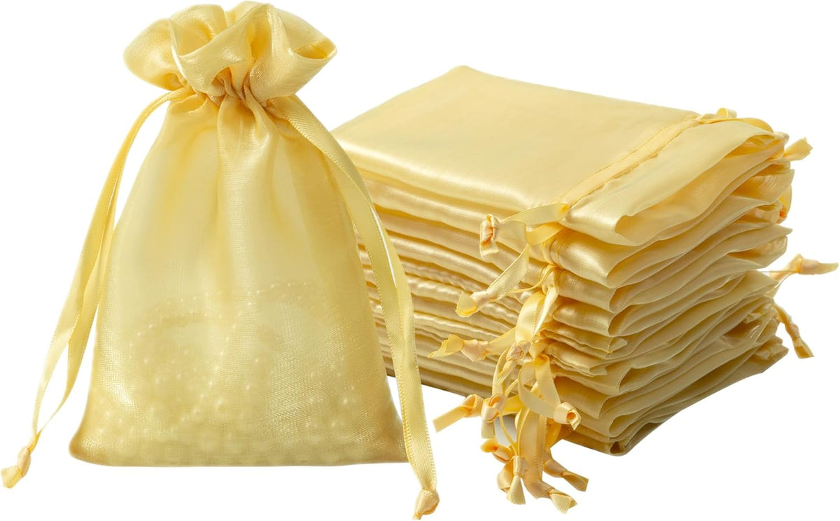 QIANF 20 Pcs Gold Small Organza Bags 4X6 inch for Wedding Favors with Drawstring, Mini Mesh Gift