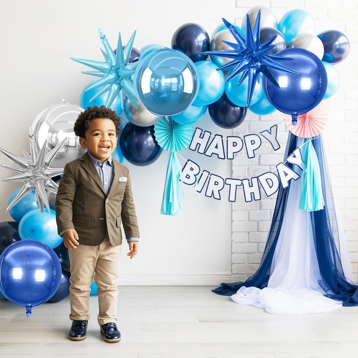 6Pcs Blue Silver Foil Balloons,22Inch Light Blue Silver 4D Round Ball Balloon and Explosion Star