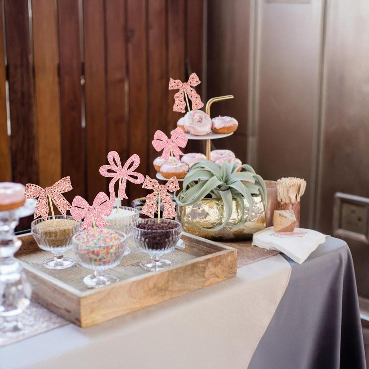 Ephlyn 24pcs Pink & Rose Gold Bow Cupcake Toppers - Perfect for Birthday, Baby Shower, Bridal