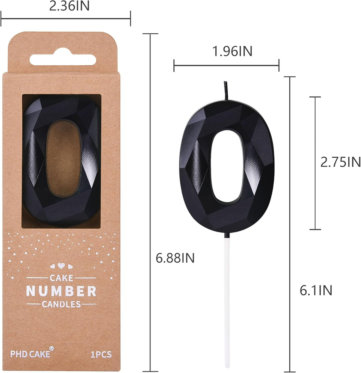 PHD CAKE 2.76 Inch Crystal Black 0 Number Birthday Candles, Red Number Candles, Cake Number
