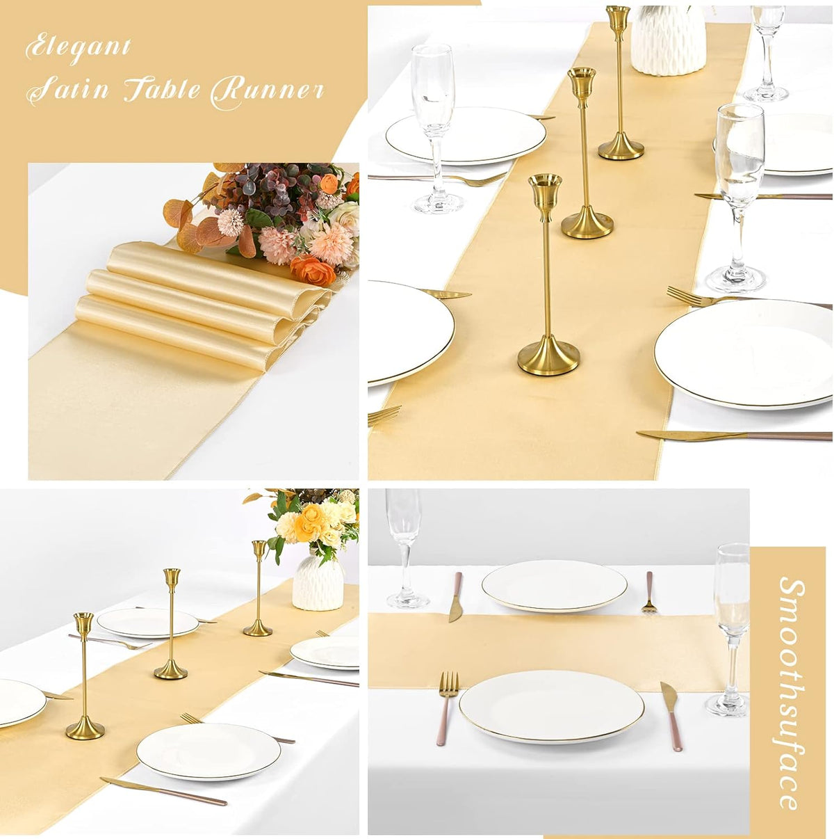 12 Pack Champagne Gold Satin Table Runner,12 x 108 inch Long Premium Smooth Table Runner for