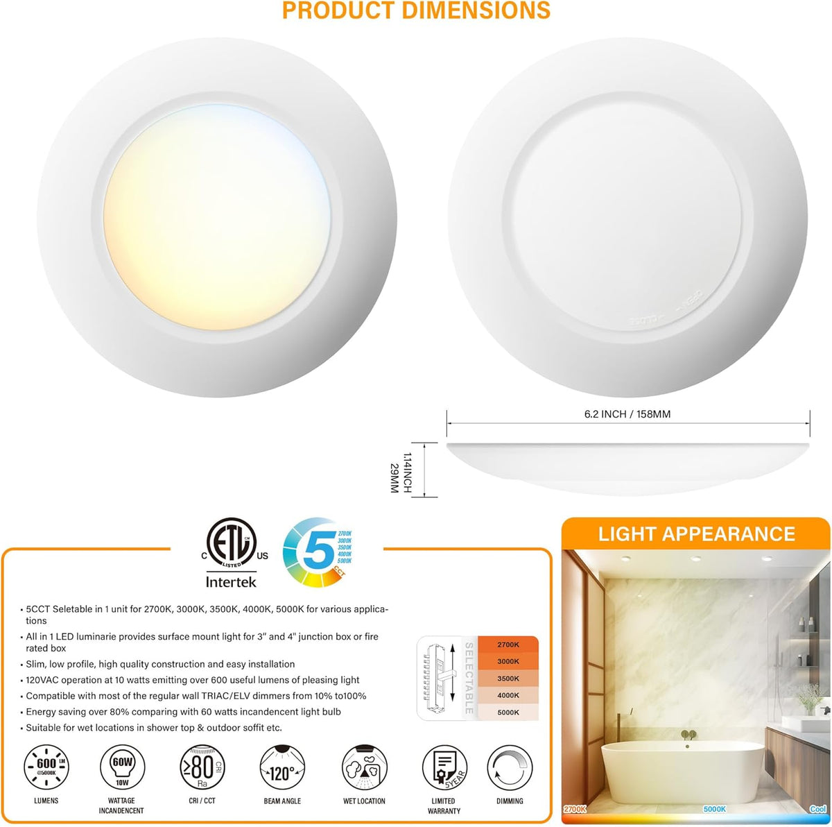 10 Packs 4 Inch White LED Low Profile Recessed & Surface Mount Disk Light, Round, 10W, 600 Lumens