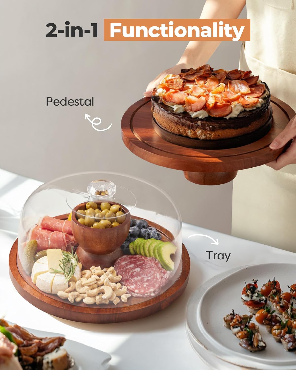 Kootek Wood Cake Stand with Lid, 2-in-1 Wooden Cake Plate & Covered Charcuterie Board, Footed Cake