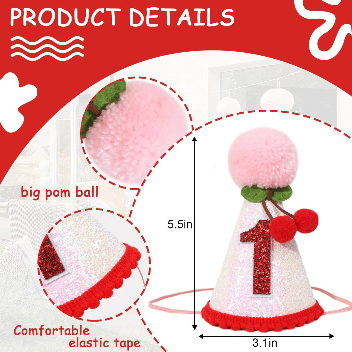 Cherry 1st Birthday Hat - Sweet One Party Decorations, Pink Glitter First Crown for Girls, Fruit