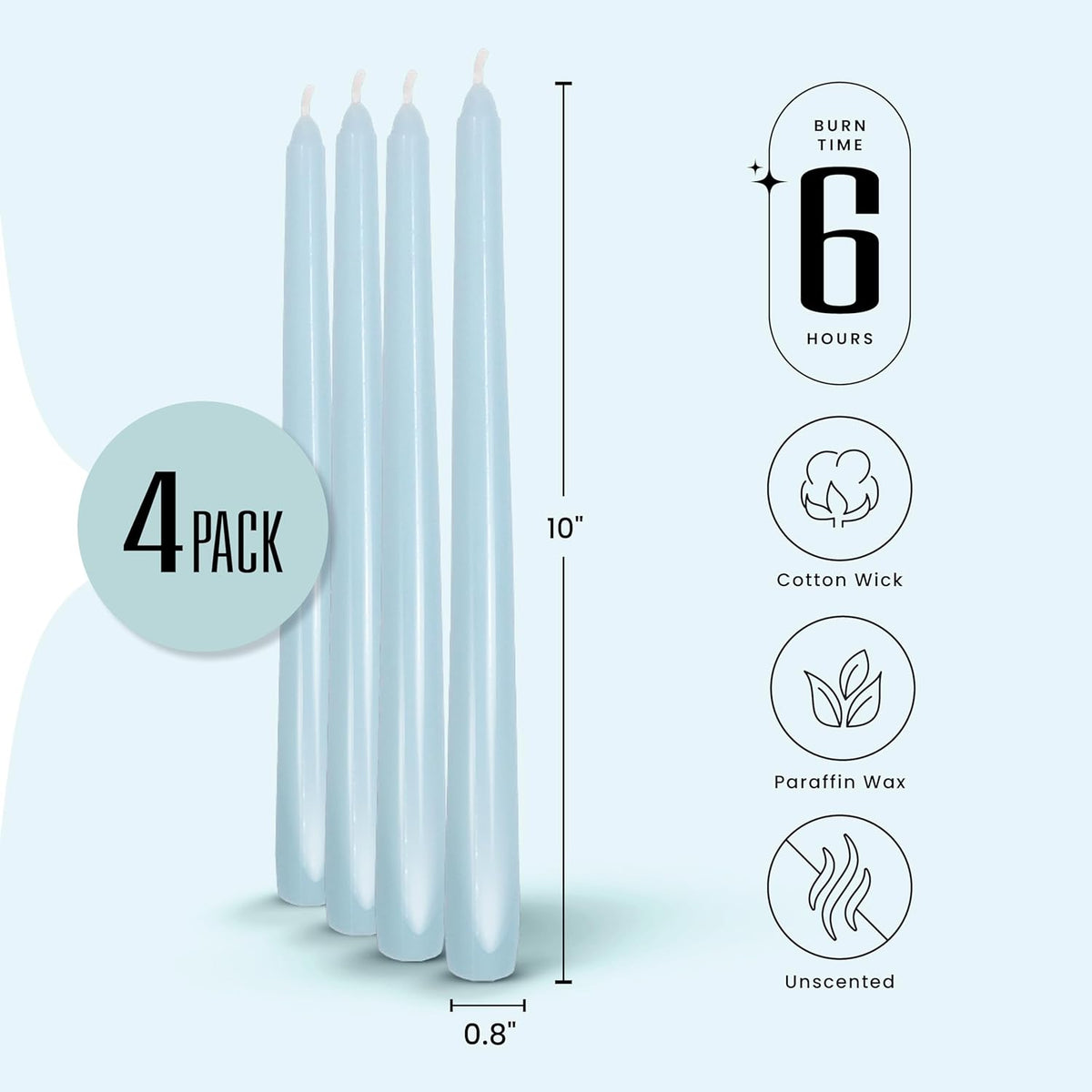 Leor & Lair Light Blue Taper Candles - 4 Pack 10" Light Blue Candlesticks - Unscented Candle Sticks
