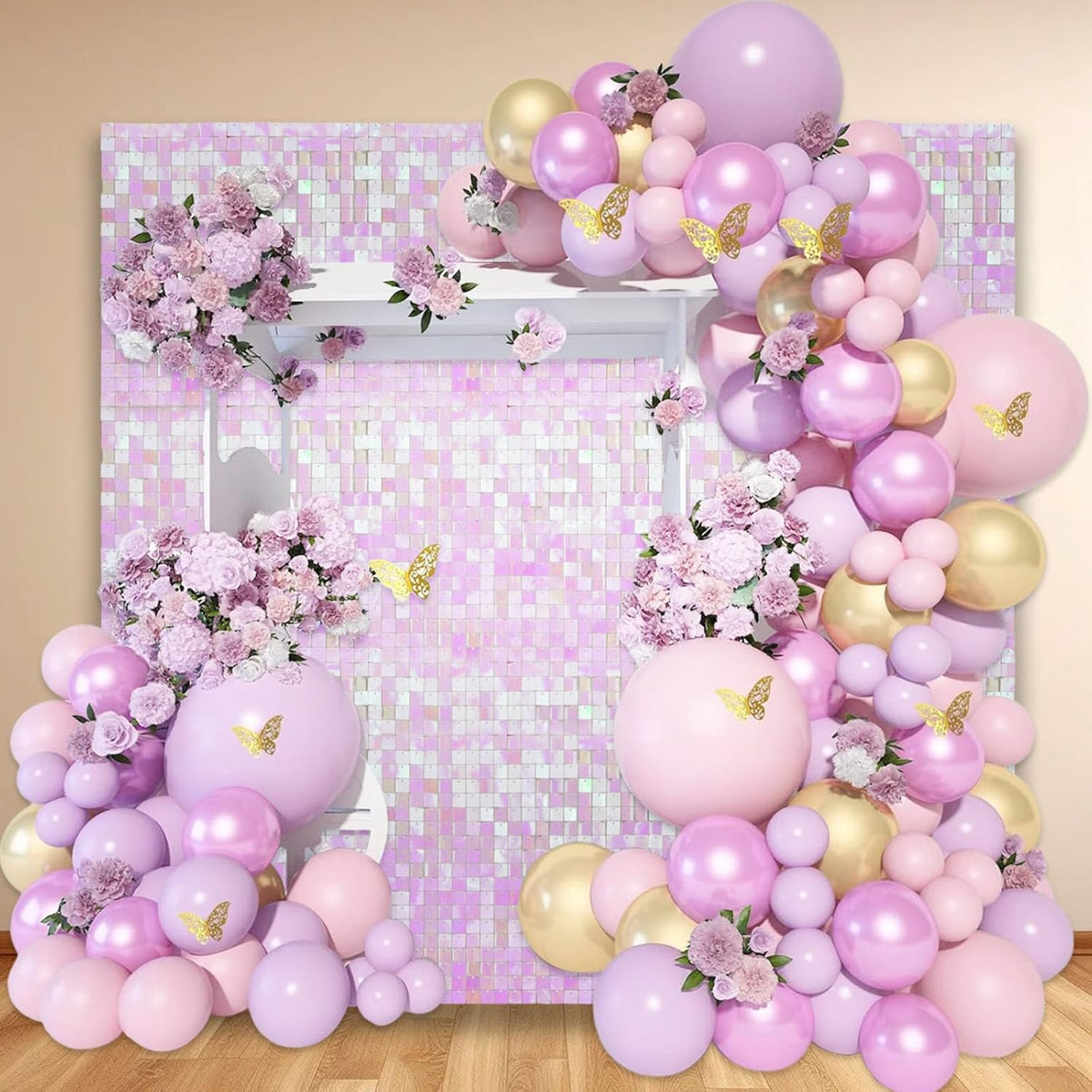 12PCS Colorful Light Pink Shimmer Wall Backdrop, Square Sequin Photo Backdrops Panel, Glitter Wall