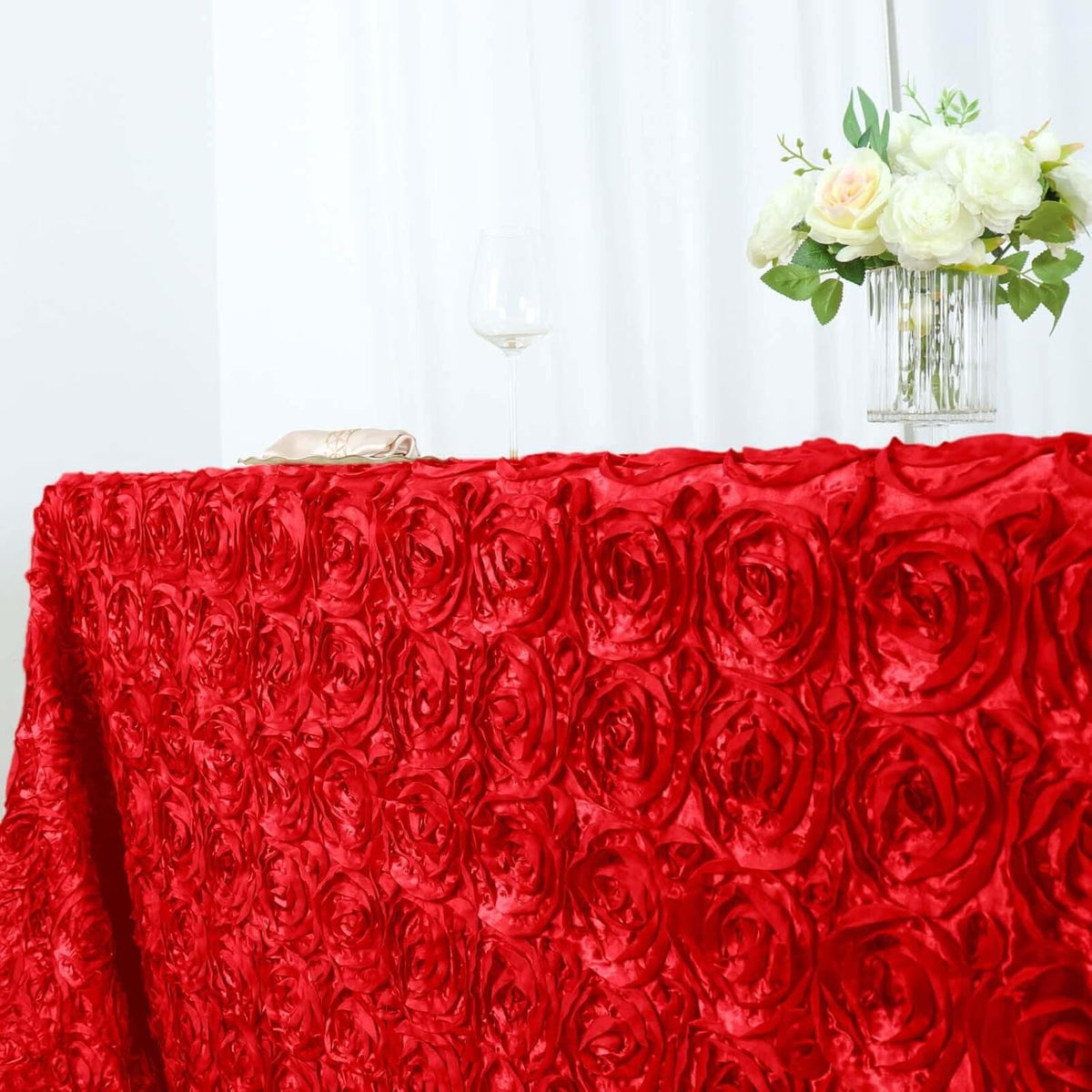 Efavormart 90"x156" Wholesale Rectangle Table Cover RED Grandiose Rosette 3D Satin Tablecloth for