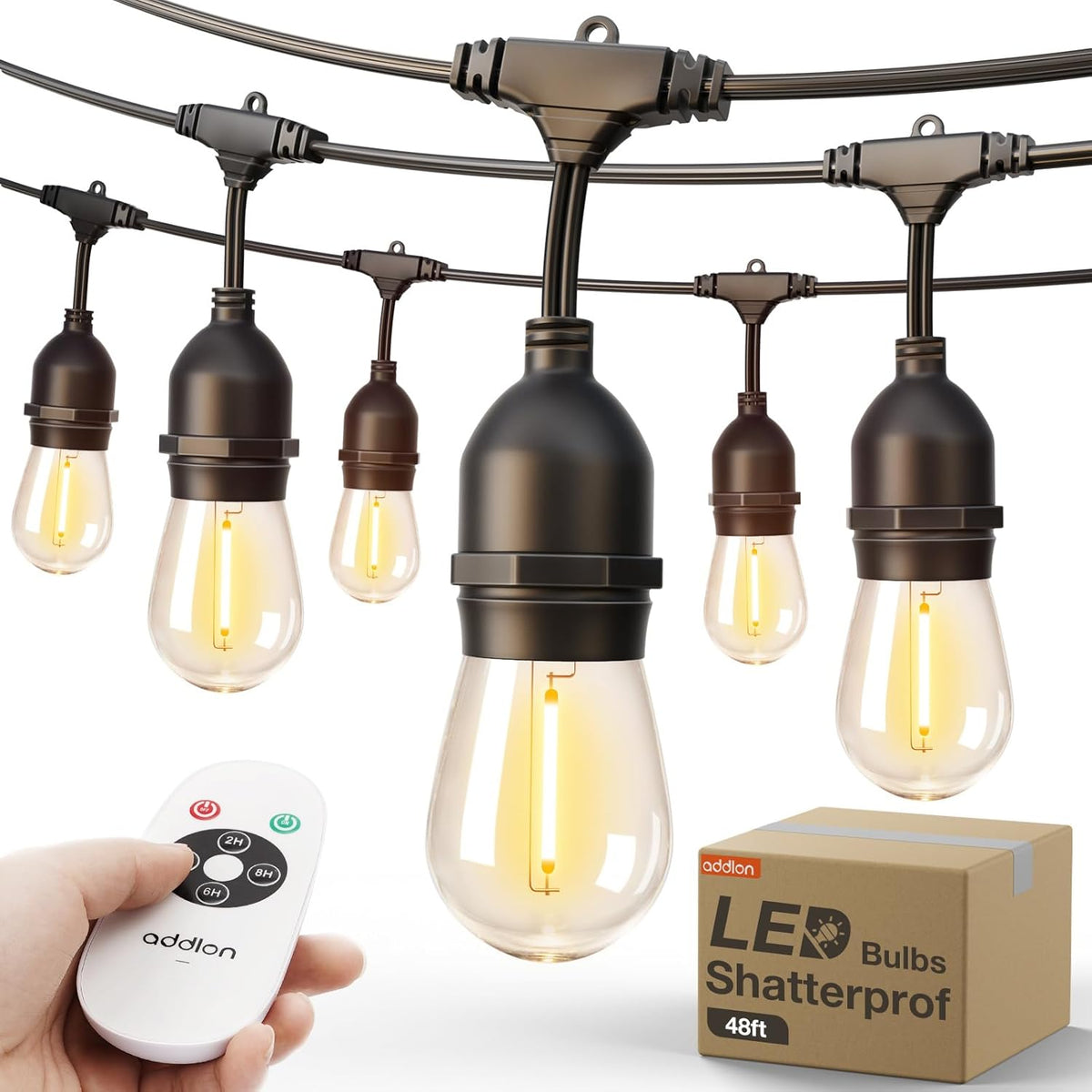 addlon Outdoor String Lights Timer Control, 48FT LED Patio Light with Edison Vintage Shatterproof