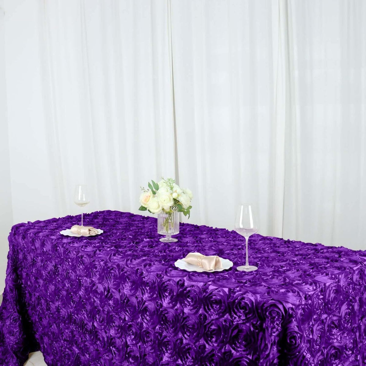 Efavormart 90"x132" Wholesale Rectangle Table Cover Purple Grandiose Rosette 3D Satin Tablecloth