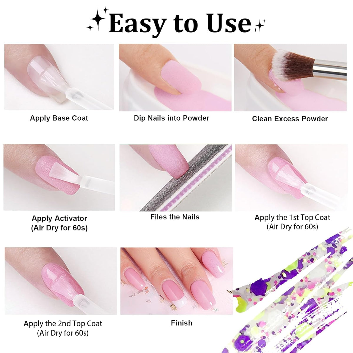 Dip Powder For Nails - Purple Pink Lime Green Hexagon Sequins - No Lamp Curing - Long Lasting