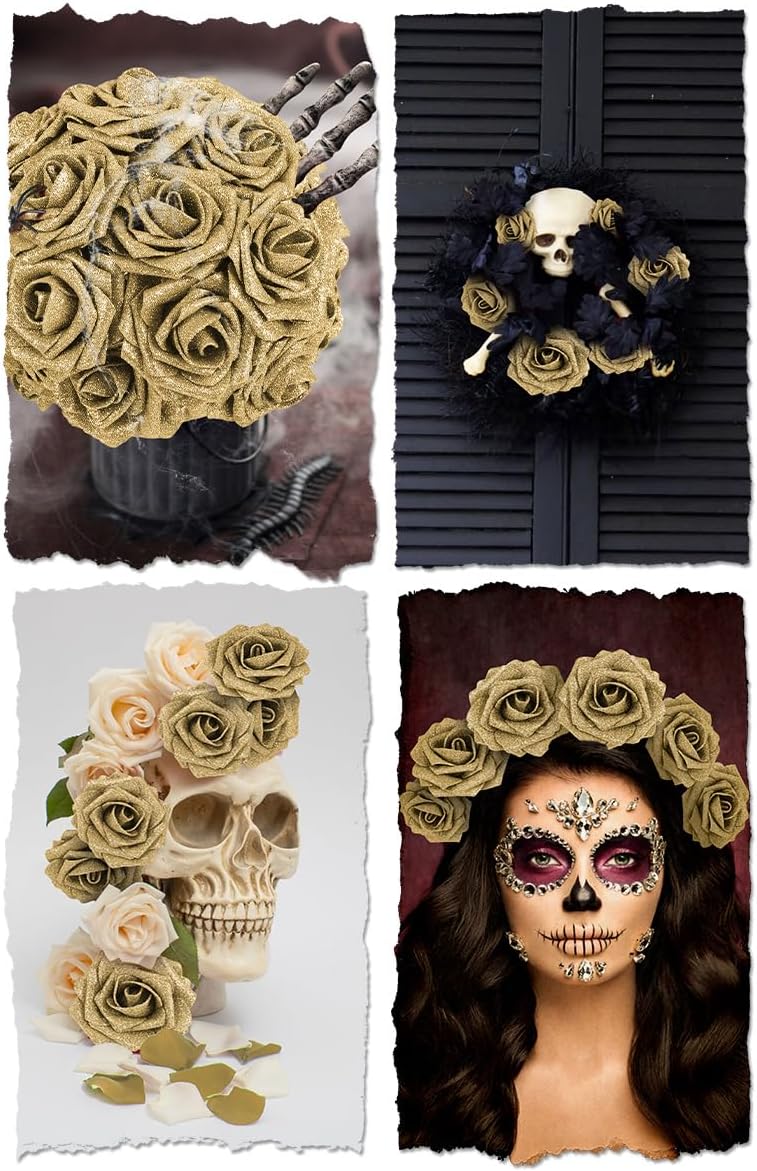 N&T NIETING Artificial Flowers Glowing Gold Flowers Foam 25pcs Glitter Roses Real Looking Fake