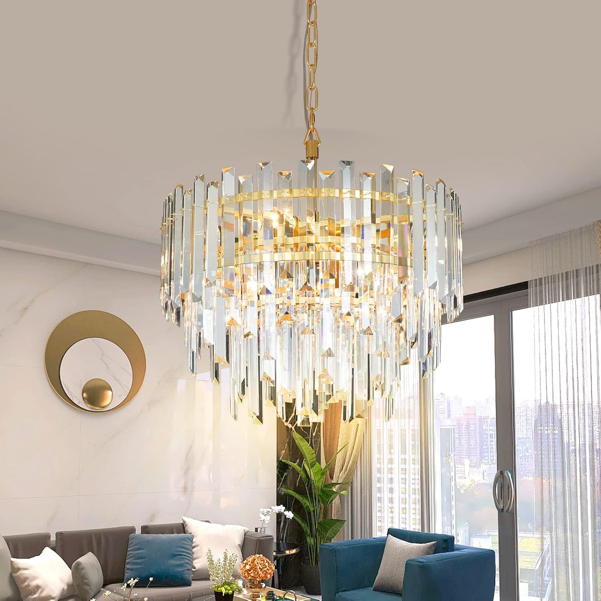 Gold Copper Crystal Chandelier Lighting 17.7'' for Dining Rooms Bedroom Foyer Entryway Ceiling