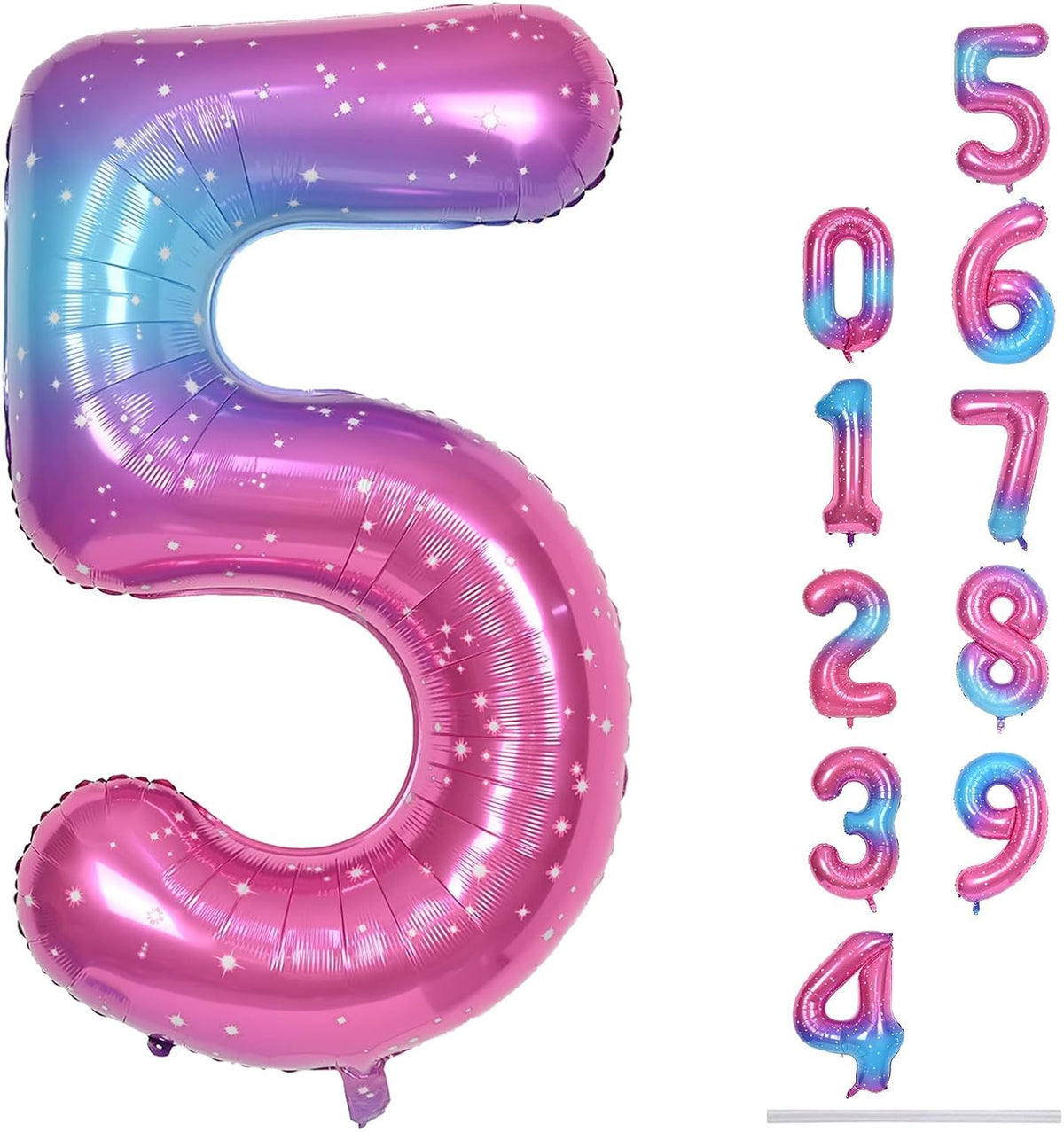 Rainbow Gradient Number 5 Balloon for Girls, 40 Inch Large Blue Pink Purple Number 0-9 Foil Mylar