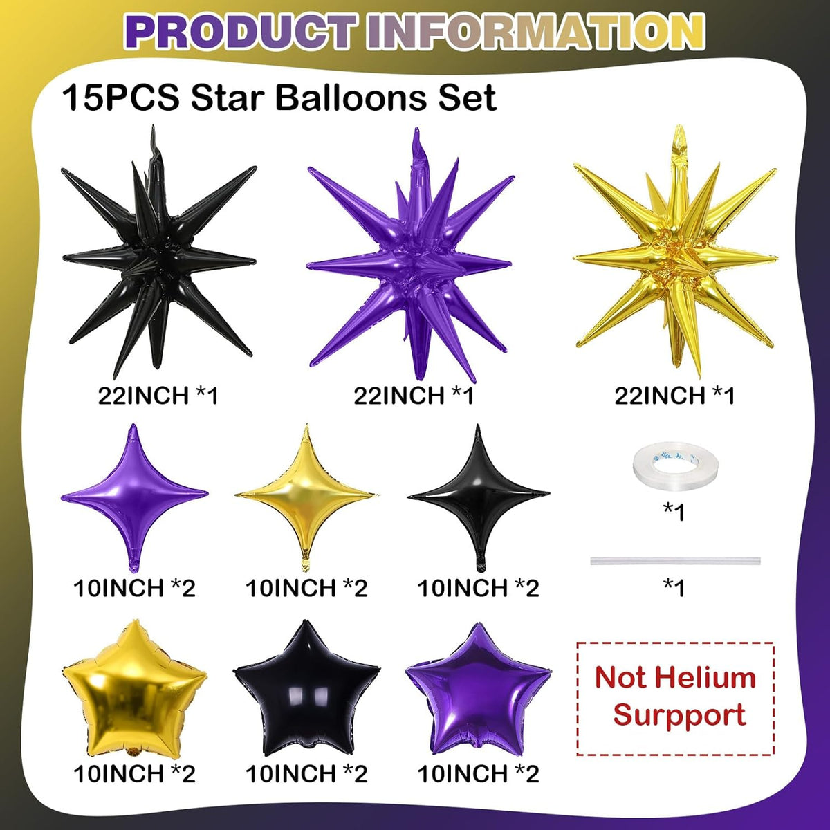 Star Balloons, 22in Purple Black and Gold Star Balloons Foil 10in 4-Pointed & Pentagram Balloon for