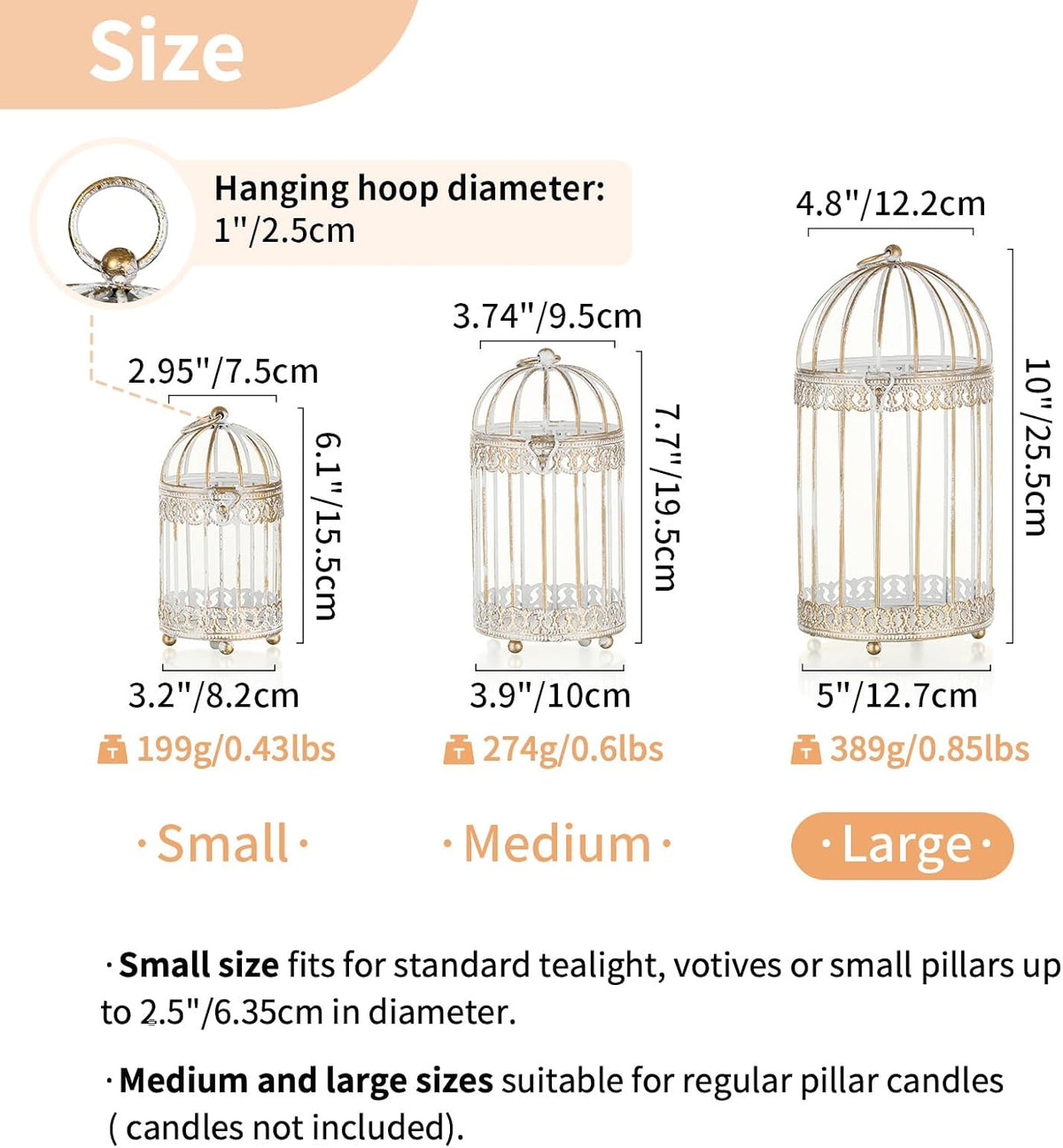 NUPTIO Decorative Bird Cage Lantern: 2 Set of 10 inch Tall Rustic White Birdcage Lanterns
