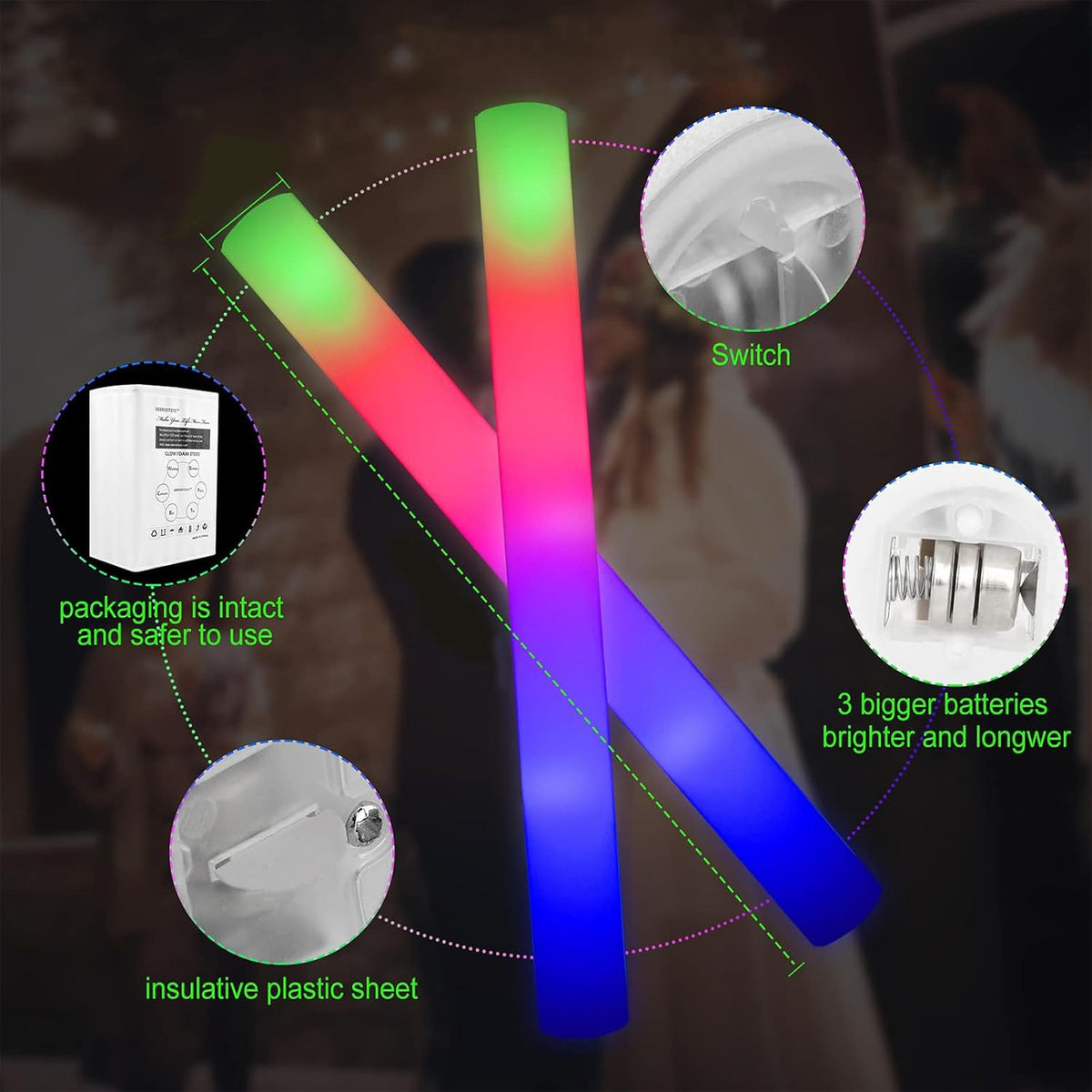 LifBetter Glow Sticks Bulk - 20Pcs LED Foam Sticks Glow Batons with Three Modes Party Flashing