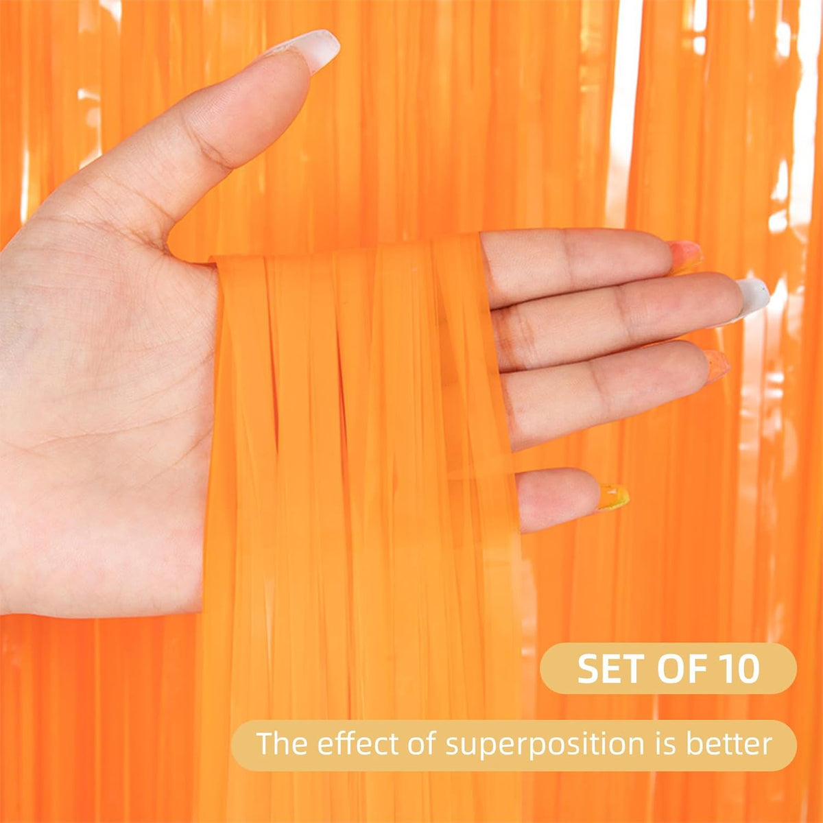 10 Pack Orange Foil Curtain Backdrop 3.2ft x 8.2ft Macaron Tinsel Foil Fringe Curtains Streamer