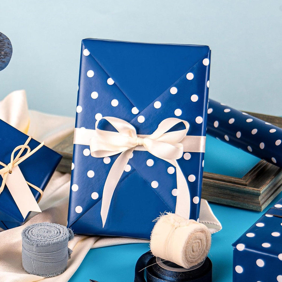Flyhill Navy Blue Wrapping Paper,Reversible Gift Wrap Paper with Polka Dot Design for Father's