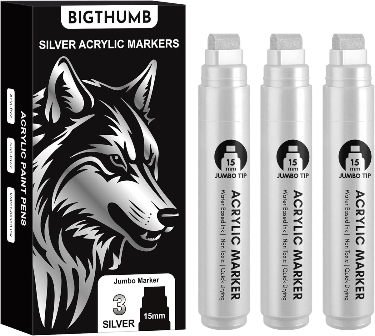 3 Pcs Silver Jumbo Permanent Markers: 15mm Wide Tip Thick Acrylic Paint Pen Large Calligraphy