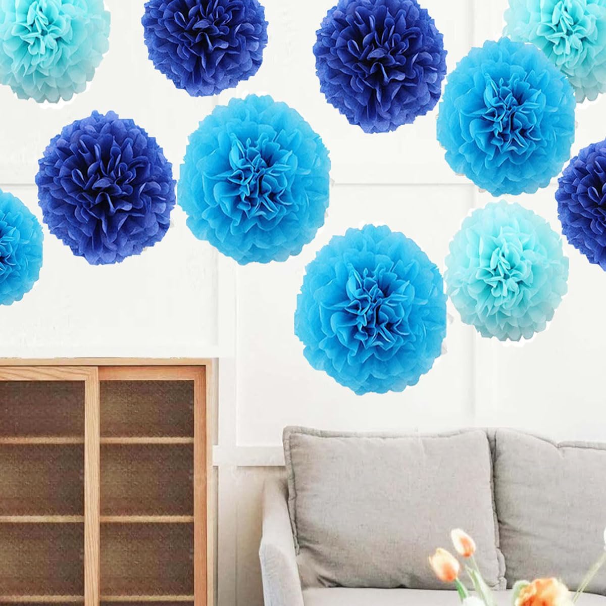 12pcs 10in 12in Blue Pack Paper Pom Poms Tissue Paper Flower pom poms Hanging Paper Flower Balls