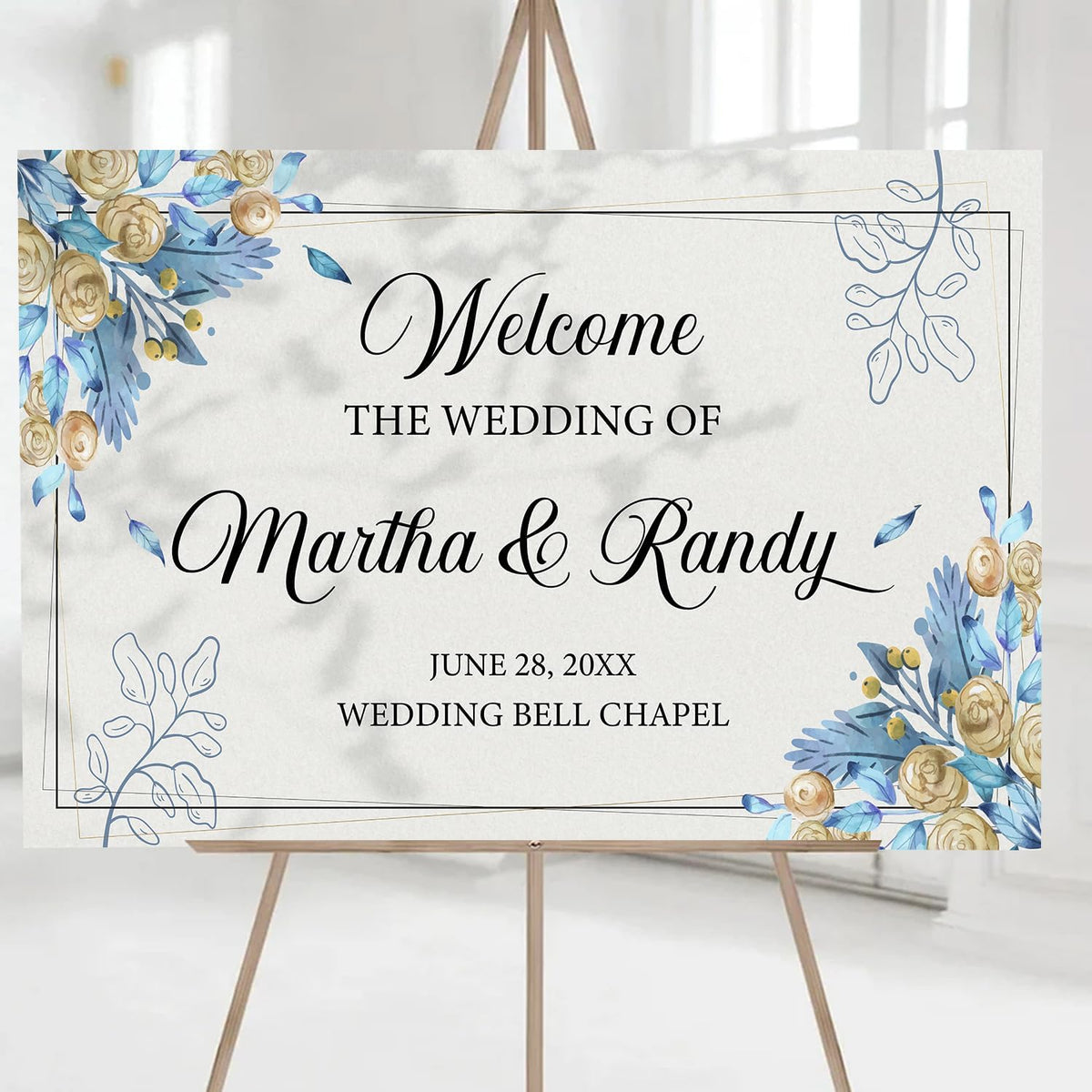 Editable Watercolor Wedding Welcome Sign, Boho Floral Template, Printable Blue Ceremony Decor