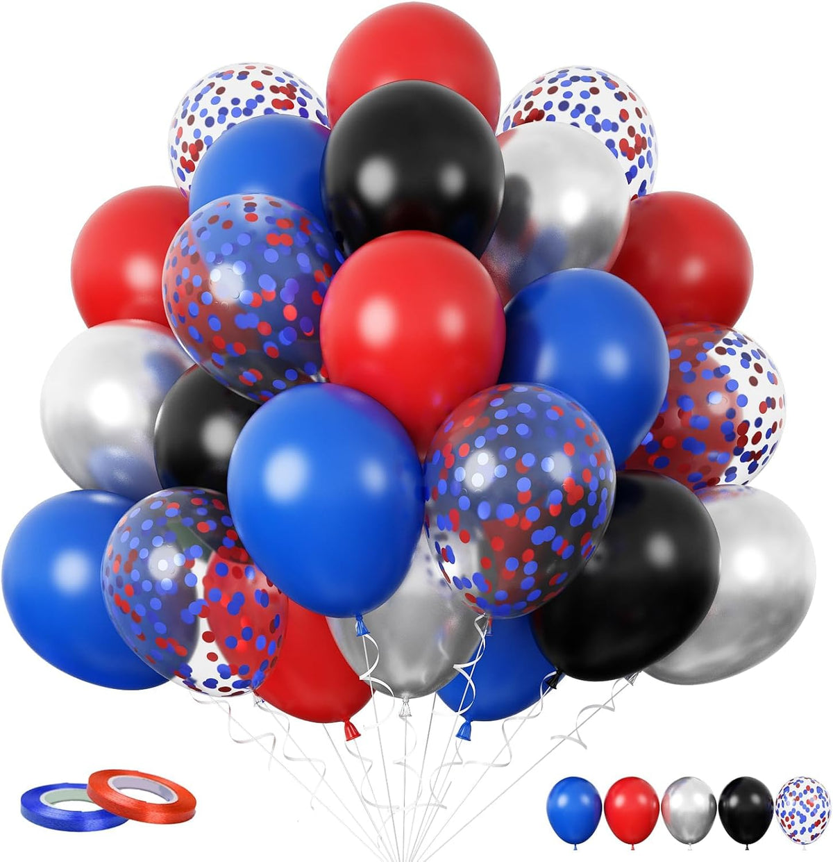 FunHot Red and Blue Balloons, 60 Pcs Red Black Blue Balloons, 12 Inch Metallic Silver Latex Balloon