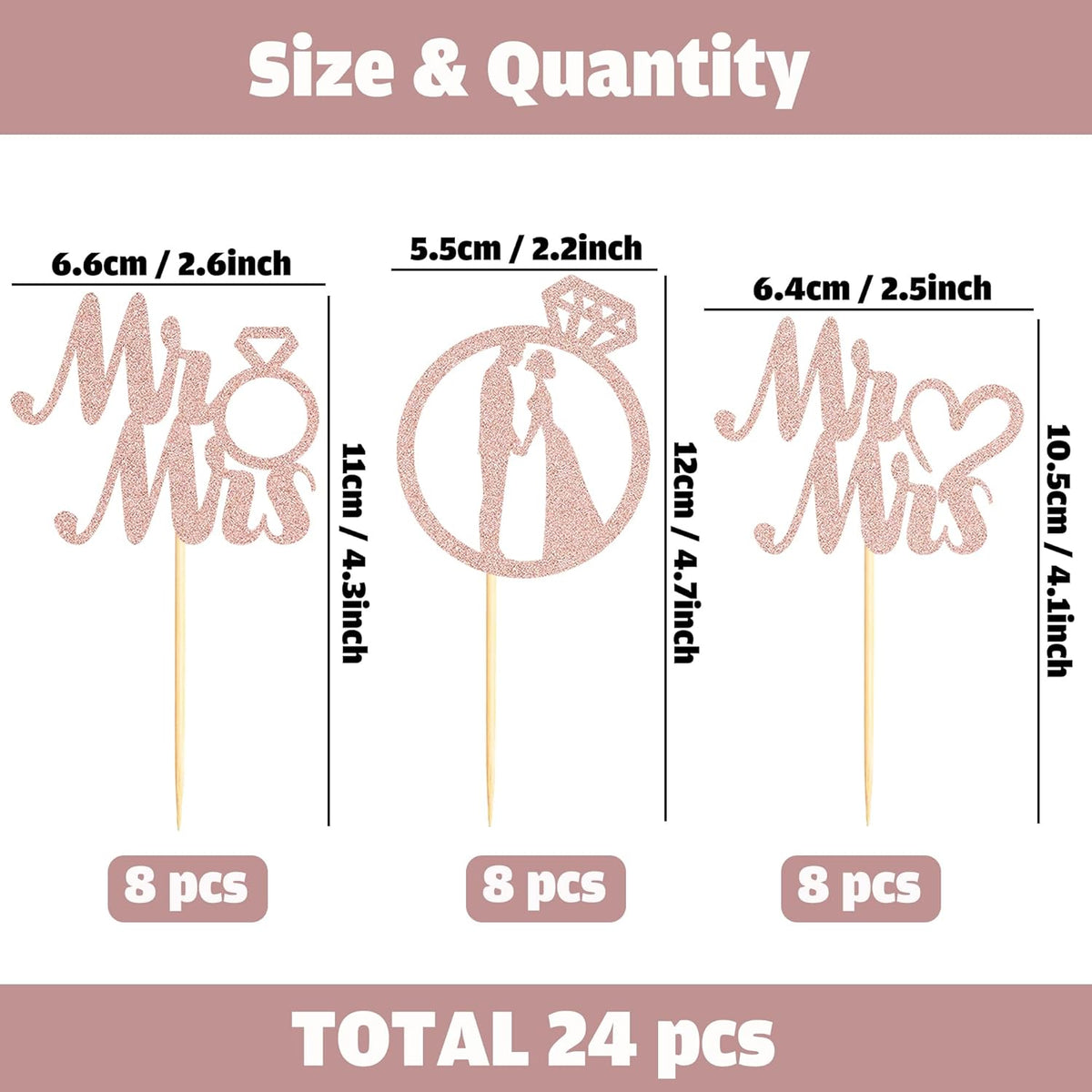 Sotpot 24PCS Miss to Mrs Cupcake Toppers with Ring Rose Gold Glitter for Wedding Bridal Shower