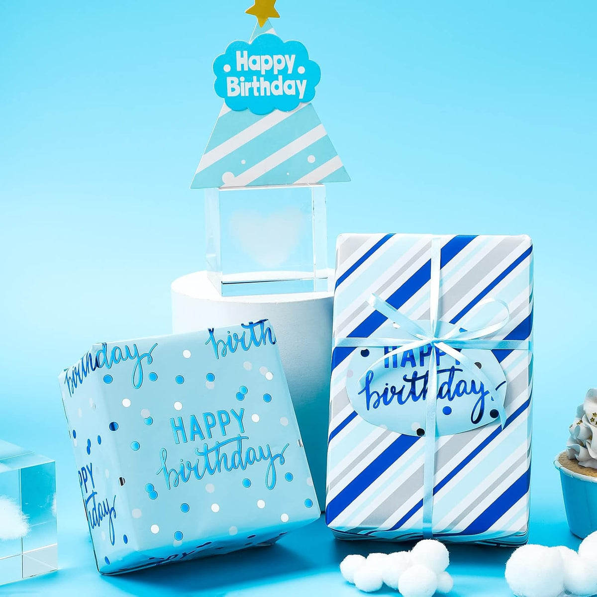 LeZakaa Reversible Blue Birthday Wrapping Paper Roll for Boys Men, Happy Birthday Lettering &