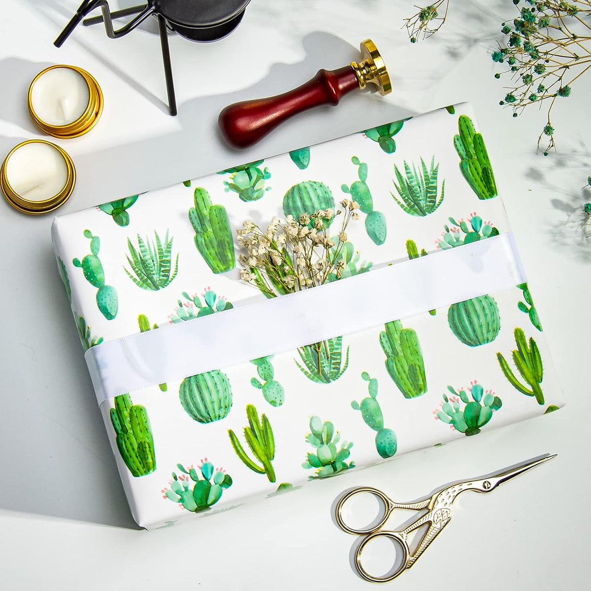 WRAPAHOLIC Reversible Cactus Wrapping Paper - Mini Roll - 17 Inch X 33 Feet - Watercolor Green