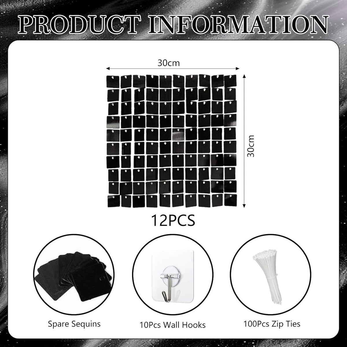 12PCS Black Shimmer Wall Backdrop, Square Sequin Photo Backdrops Panel, Glitter Wall Background for