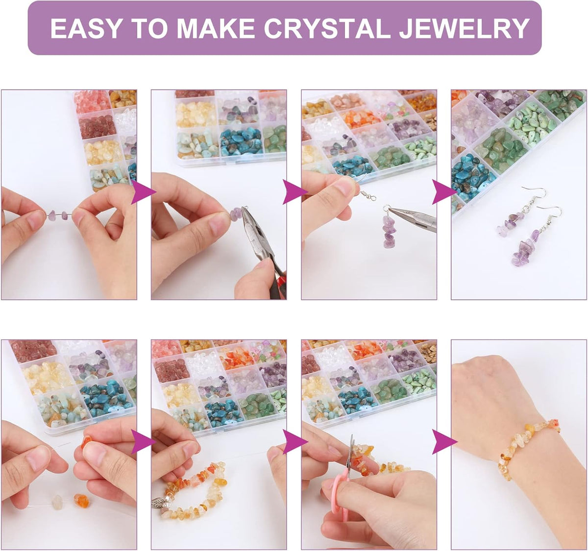 QUEFE 720pcs Crystal Chips Beads Ring Making Kit, 40 Colors Crystal Chips and Gemstone Beads for