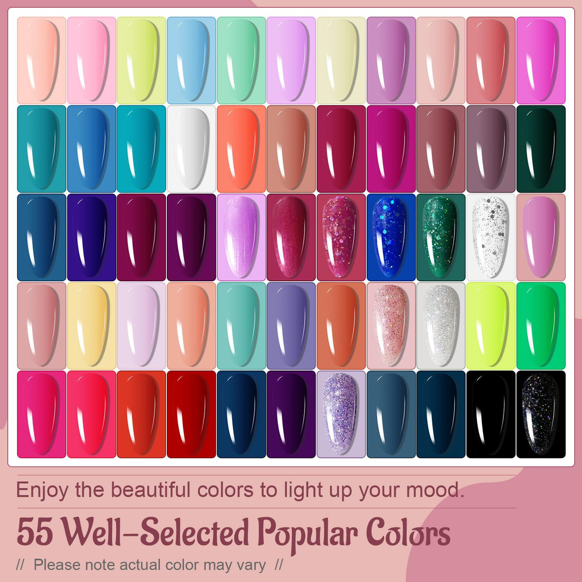 JODSONE Gel Nail Polish Kit 60 PCS with U V Light Soak off Base Top Coat 55 Shine Colors Gel Nail