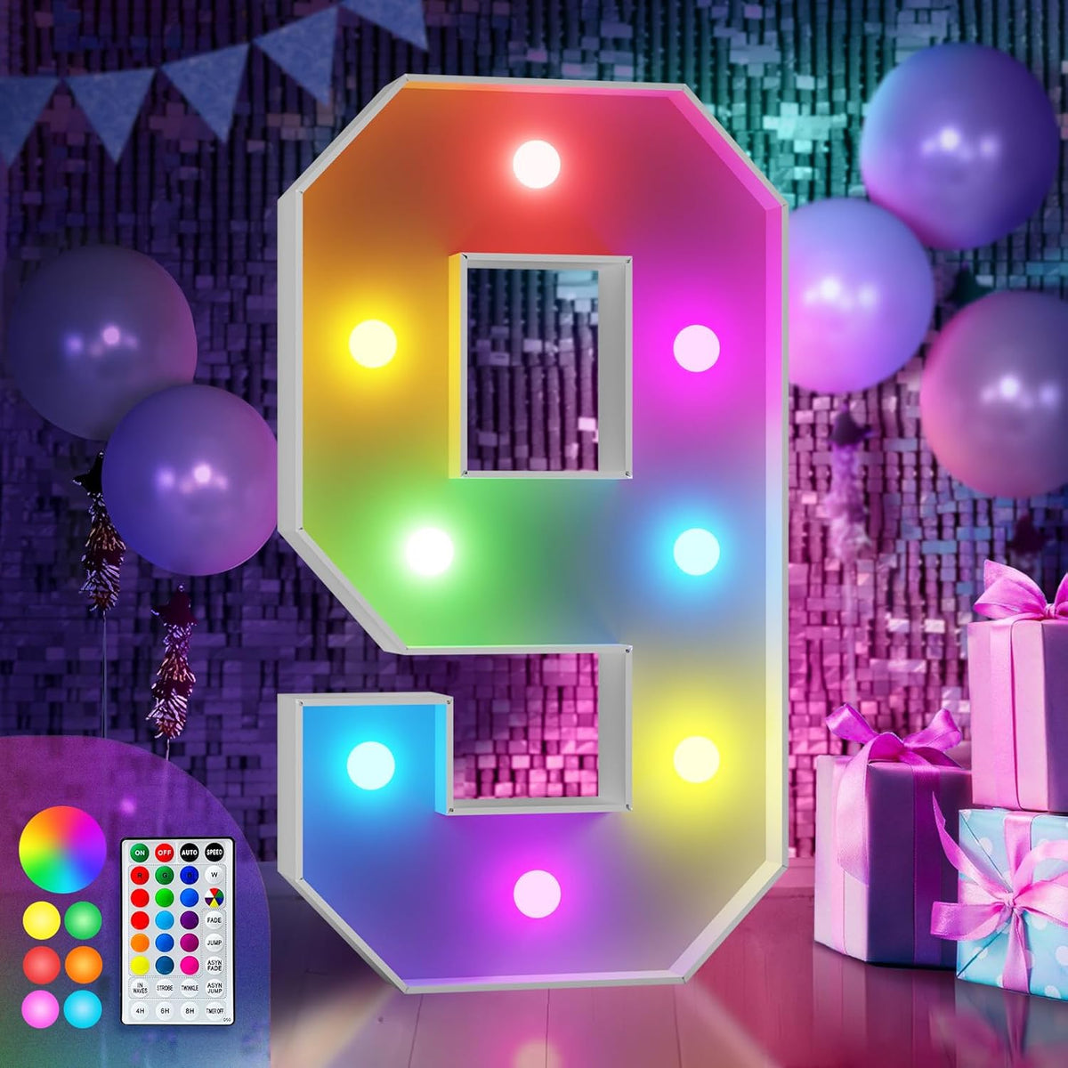 imprsv 3FT Colorful Marquee Numbers,18 Colors Number 9 with Remote, Light Up Numbers Sign for 3rd
