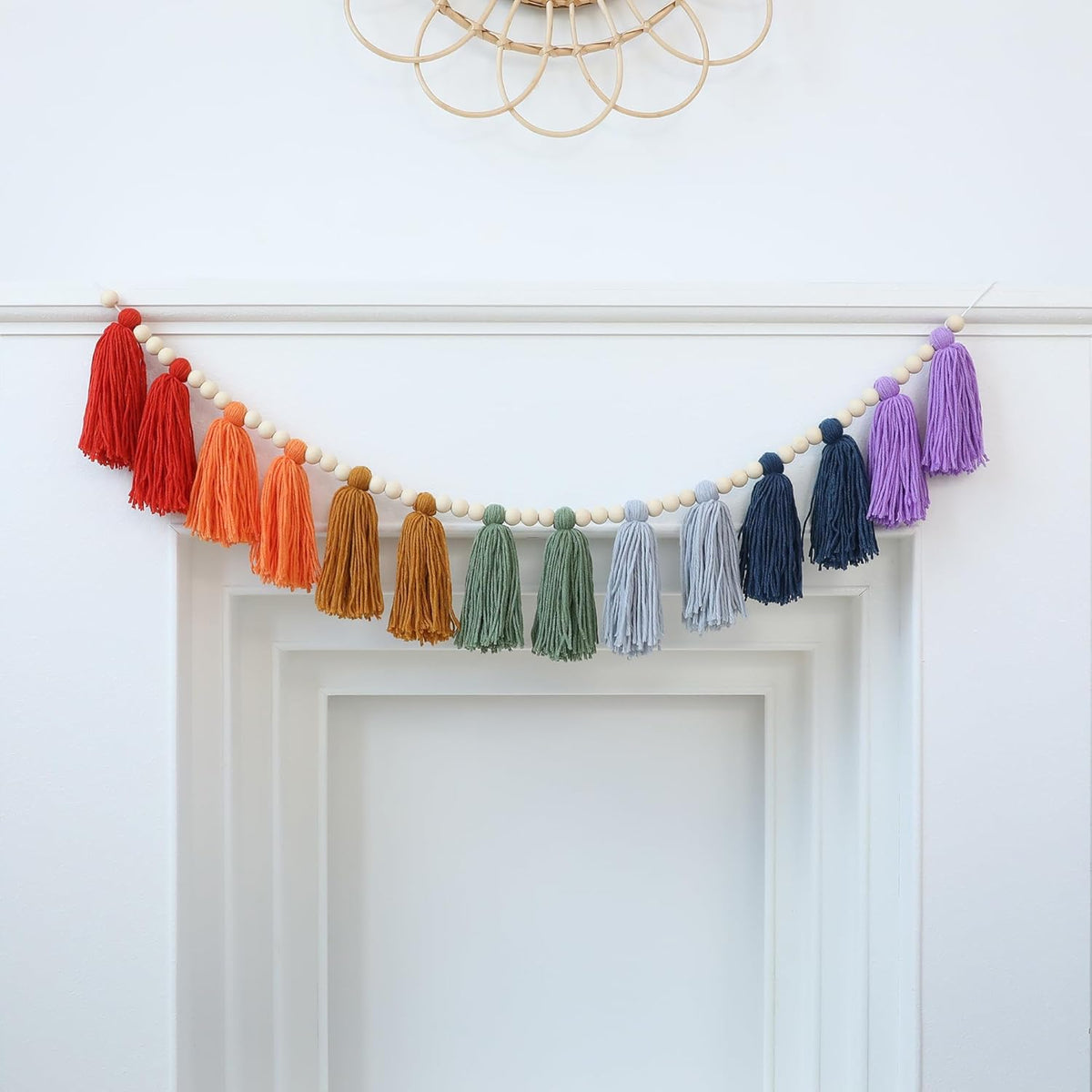 Boho Tassel Garland Wall Hanging with Wood Beads Colorful Tassel for Kids Room Bedroom Classroom