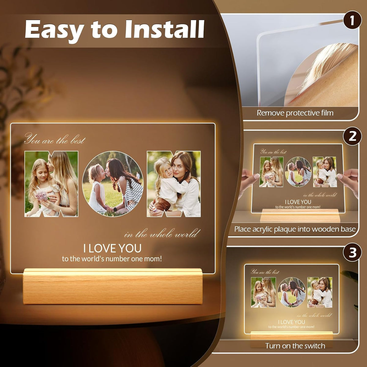 Custom Picture Frames with Photo, Personalized MOM Photo Frame with Night Light, Customized Picture