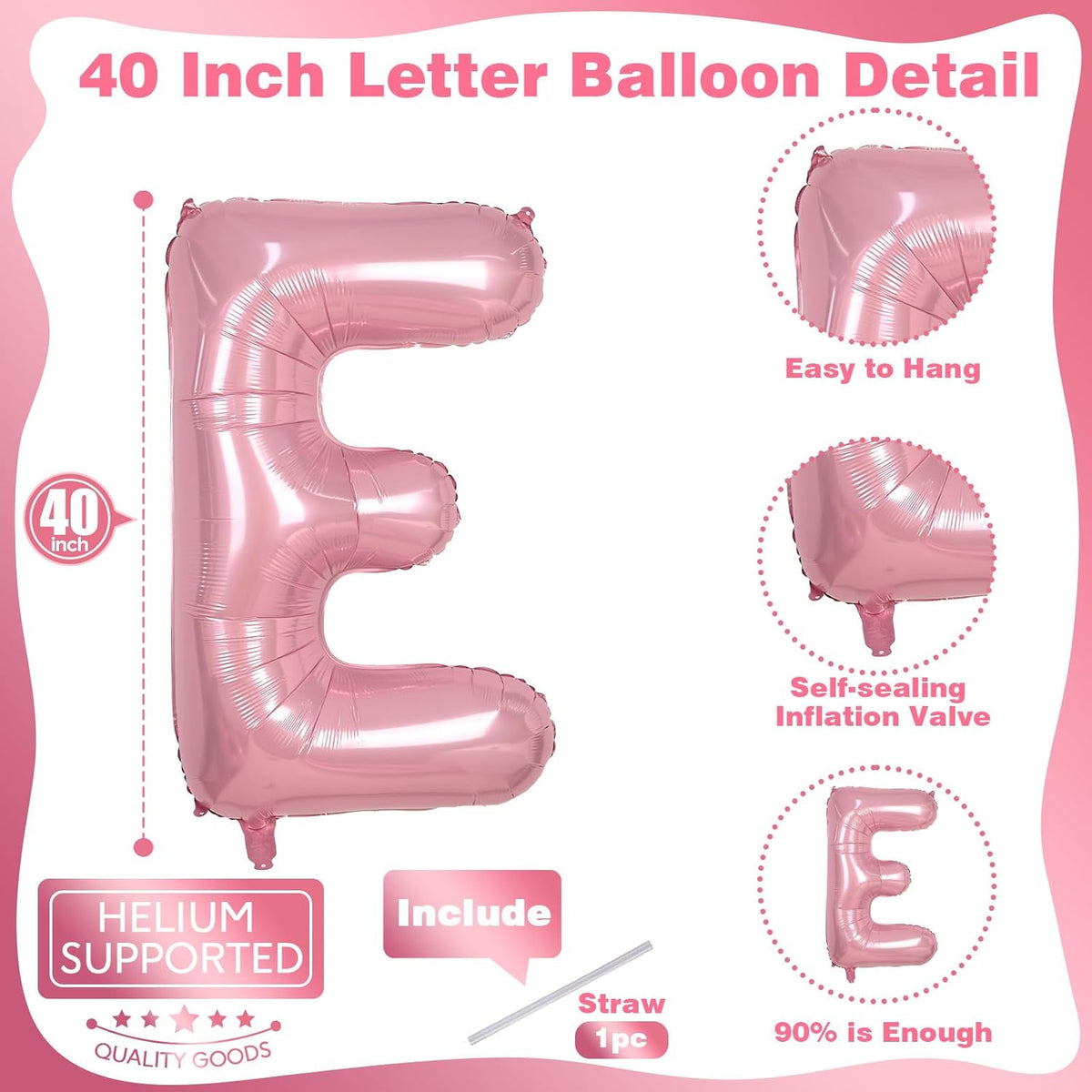 40 Inch Pearl Pink Large Letter Balloons A - Z, Self Inflating Pastel Pink Foil letter E Balloon