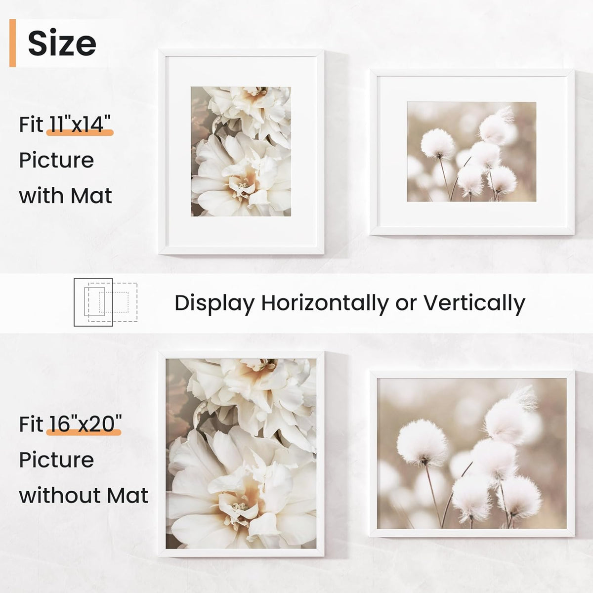 16x20 inch Picture Frame, 16x20 Photo Frames with 11x14 Removable Mat - High Definition Plexiglass