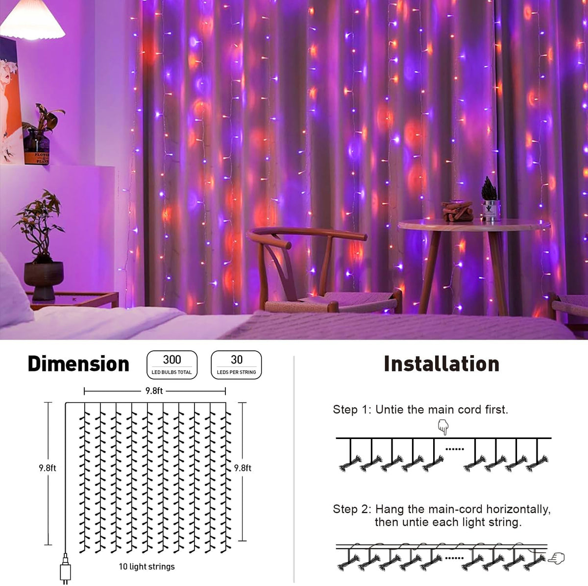 JMEXSUSS 300LED Orange and Purple Halloween Curtain Lights with Remote, 9.8x9.8ft Window Twinkle