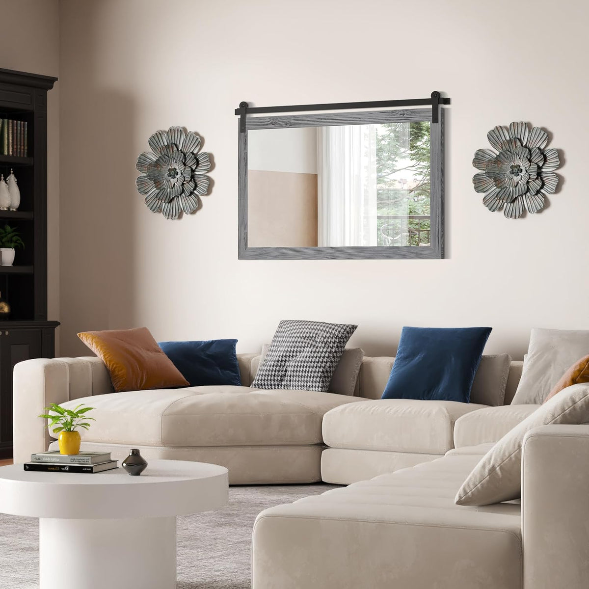 COGOOD Farmhouse Bathroom Mirror - 45 x 30 Rustic Wood Framed Wall Barn Door Mirror for Entryway