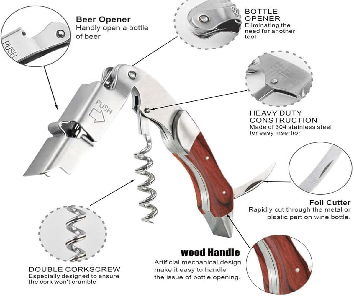 Professional Waiter Corkscrew Wine Key for Bartenders Set of 3,With Long Rosewood Handle Stainless