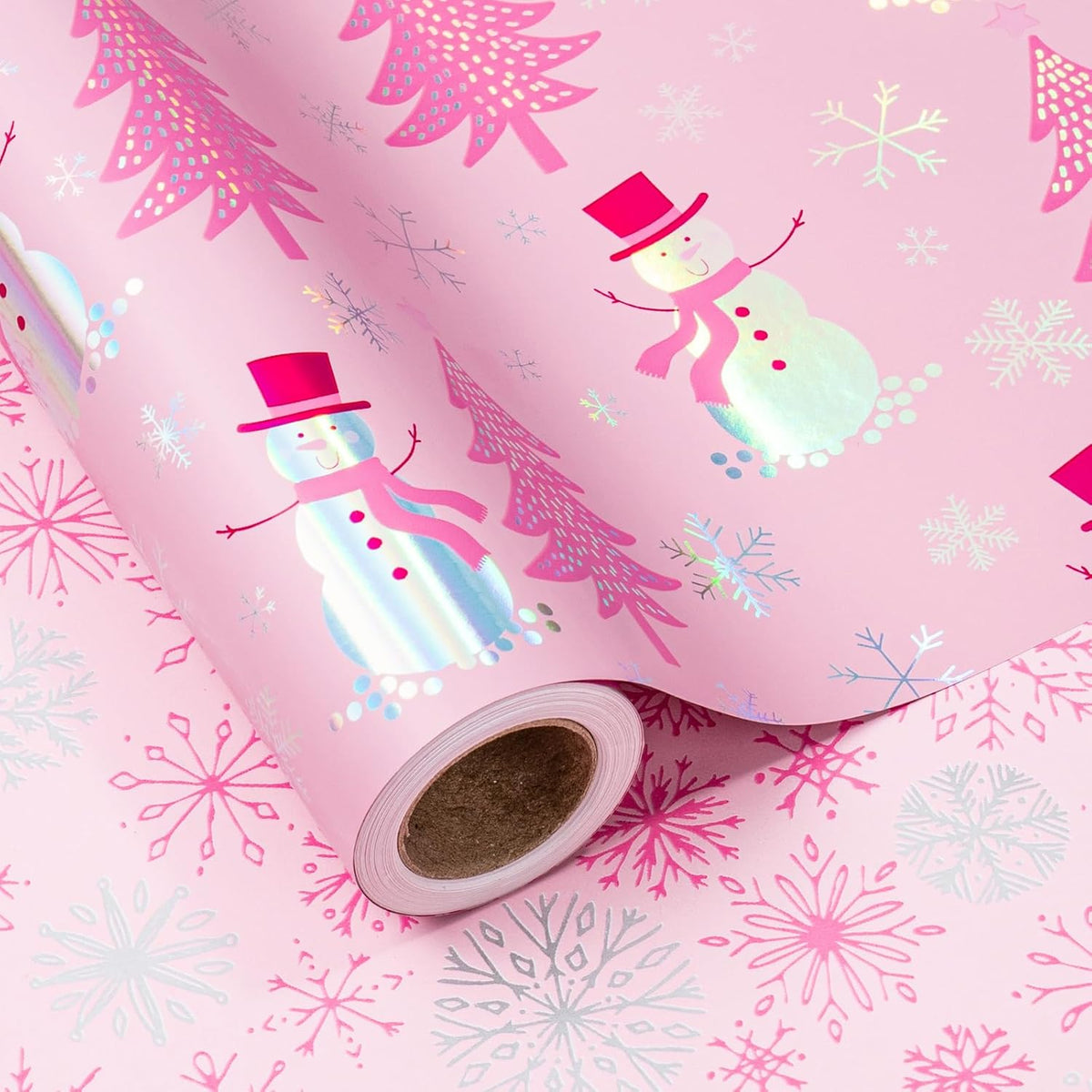 LeZakaa Christmas Pink Wrapping Paper Mini Roll, Snowman Christmas Tree & Snowflake Metallic Foil