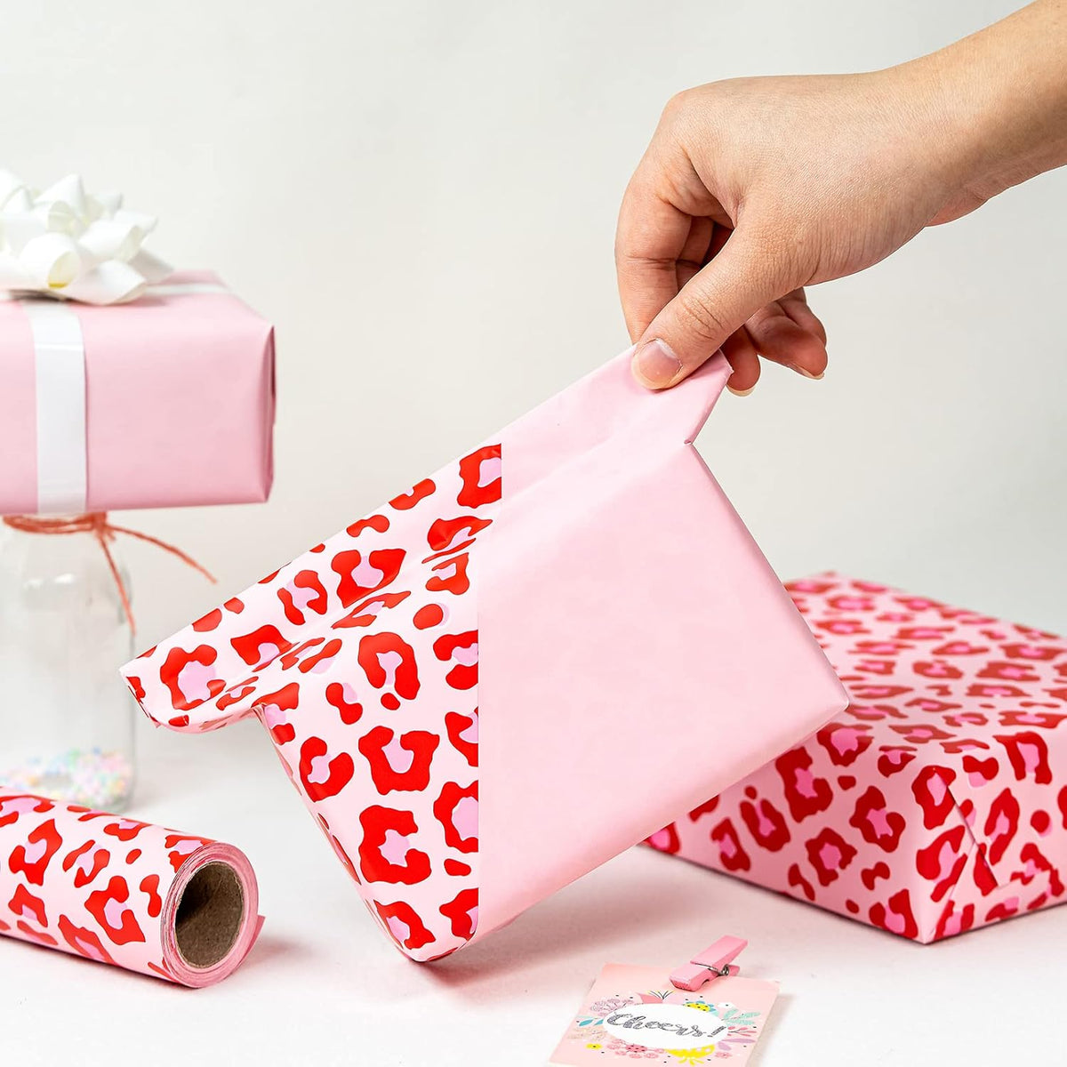 WRAPAHOLIC Reversible Leopard Wrapping Paper - Mini Roll - 17 Inch X 33 Feet - Hot Pink Girls