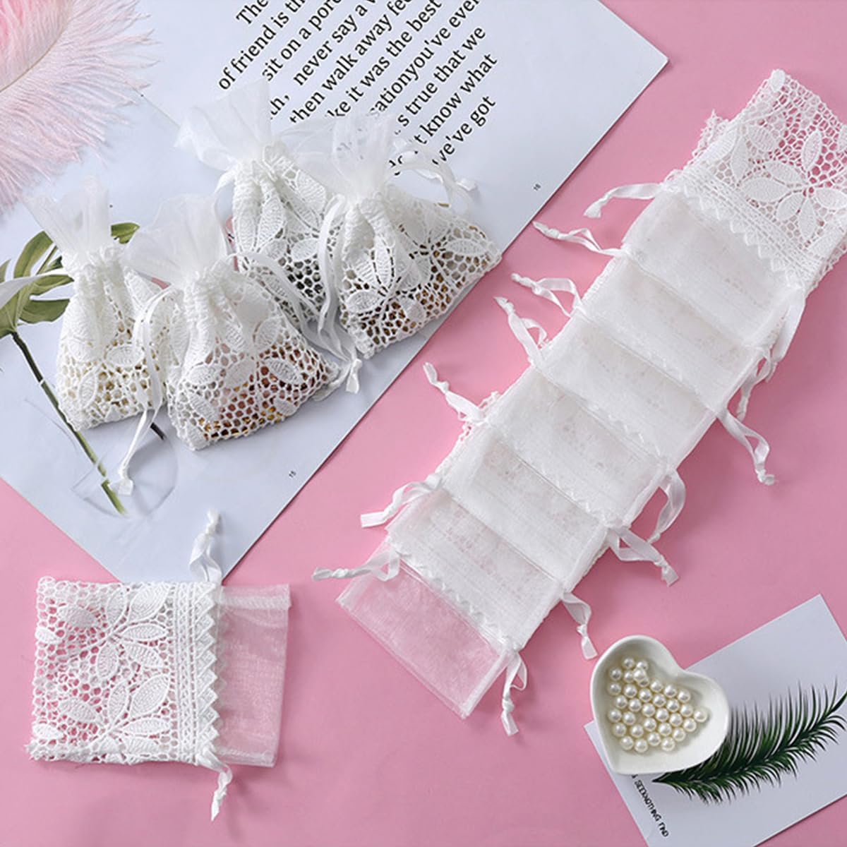 Petunny 6Pcs White Lace Drawstring Bags,Cotton Drawstring Gift Bags Embroidered Jewelry Pouch for