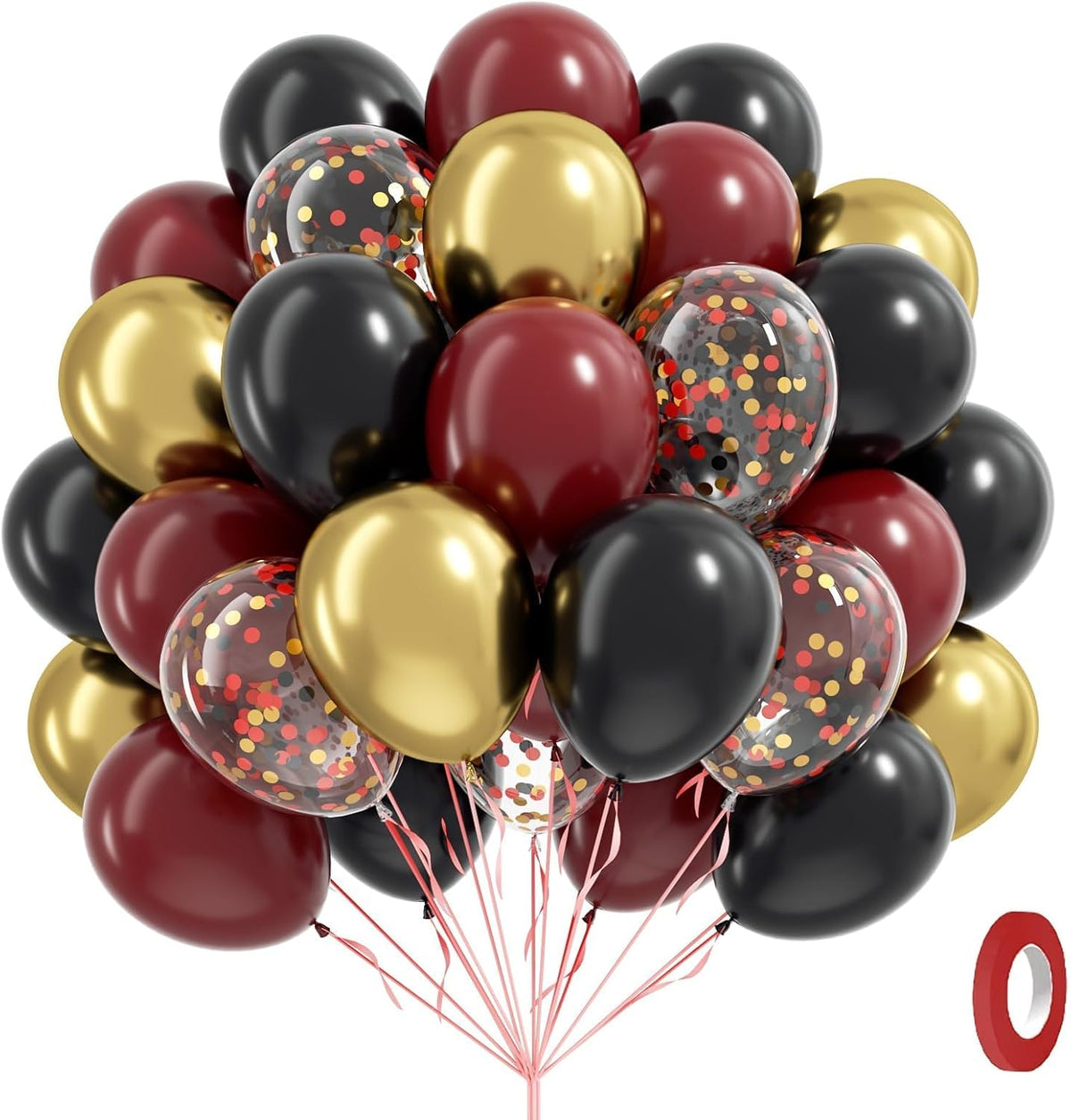60pcs 12inch Black Burgundy and Gold Balloons, with Gold Red Black Confetti Balloons for Maroon
