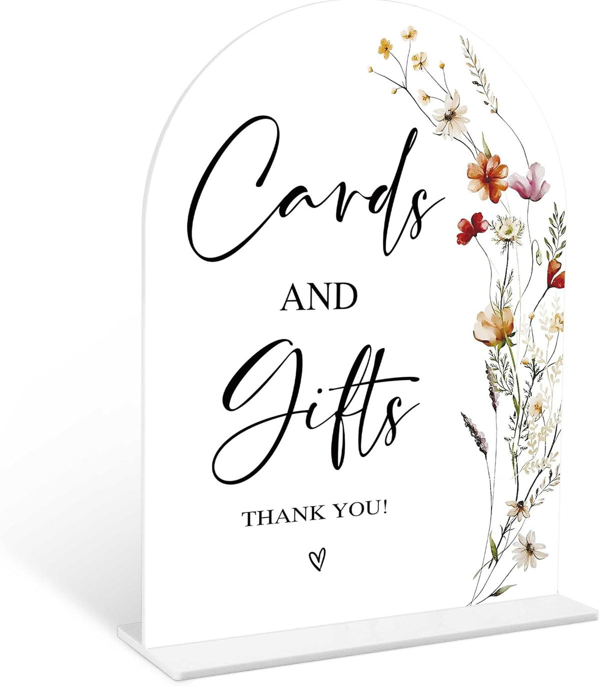 Boho Floral Cards and Gifts Sign, 6 x 8 Inch White Arch Acrylic Wedding Sign with Holder, Wedding
