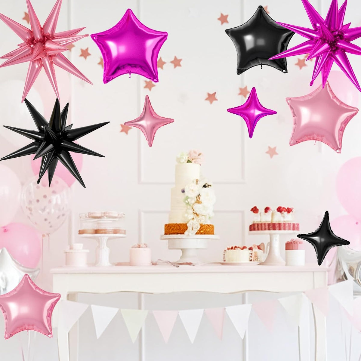 16 Pcs Black Hot Pink Star Balloons, 22/18/10 Inch Foil Balloons, Four-Pointed Balloon for Girl