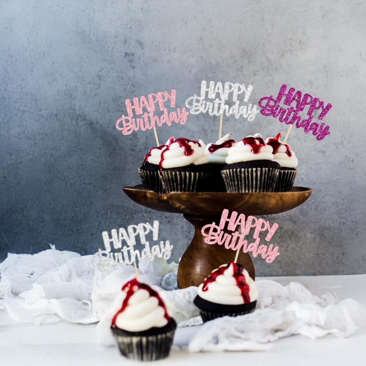 Gyufise 24Pcs Happy Birthday Cupcake Toppers Glitter Birthday Cupcake Food Picks for Celebrating