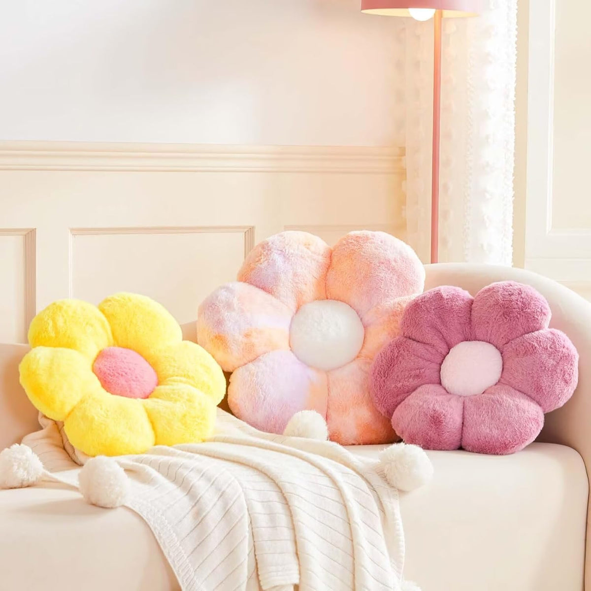 Dusty Purple Flower Pillow, Cute Decorative Flower Shaped Throw Pillow with Faux Rabbit Fur, 14.9"